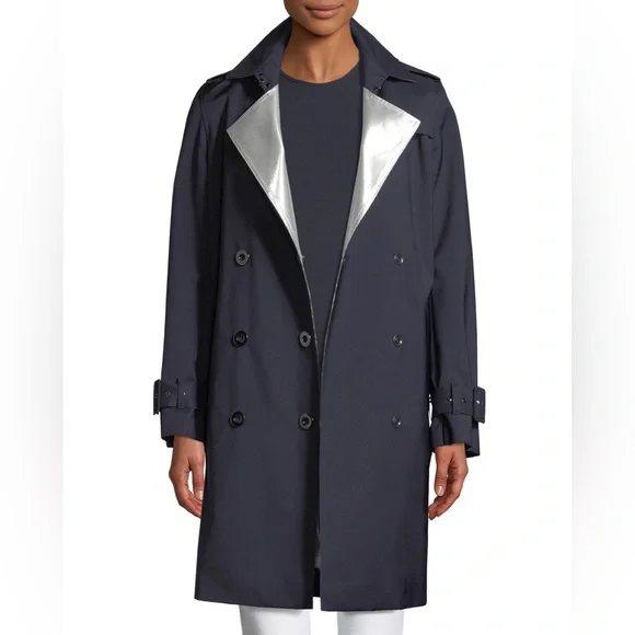 Elie Tahari Natania Contrast-Face Double-Breasted Trench Coat